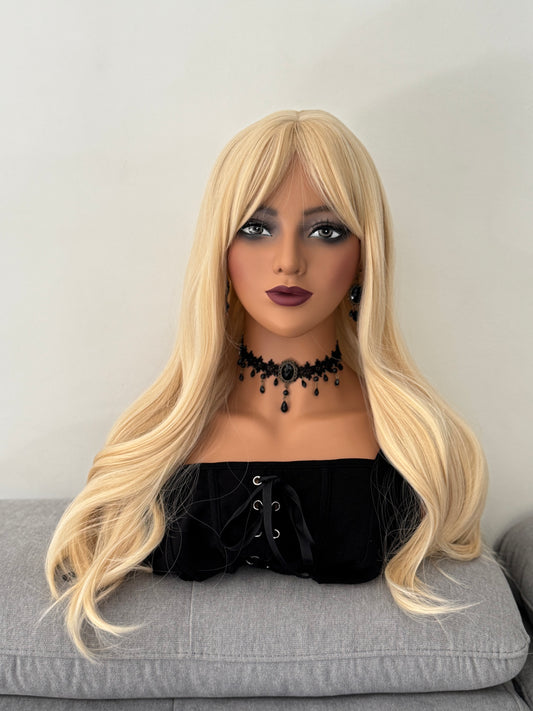 Perruque Synthétique Blonde Longue Ondulée Avec Frange Rideaux
