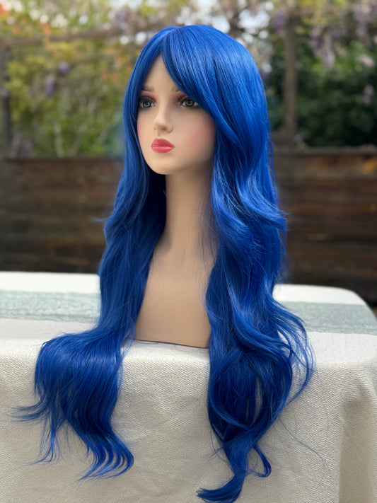 Perruque Synthétique Longue Ondulée Bleue Roi avec Frange