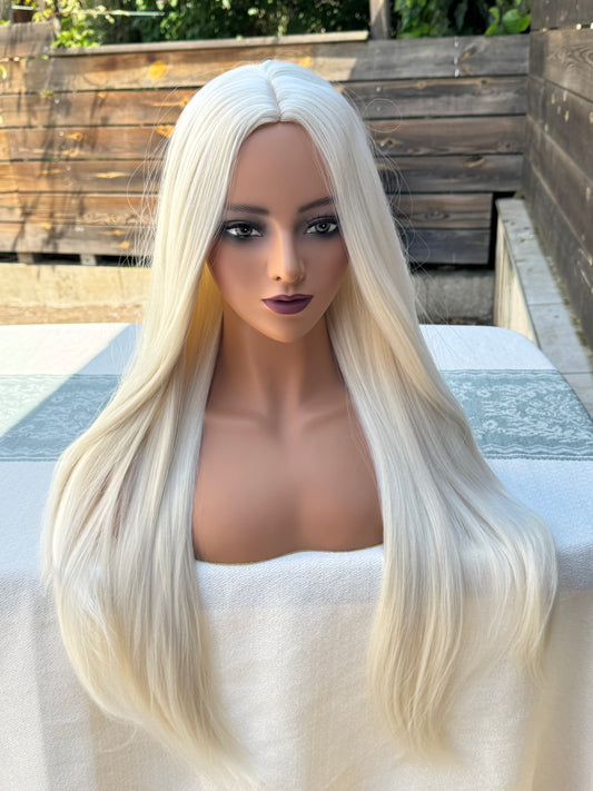 Perruque Synthétique Longue Lisse Blanc Crème