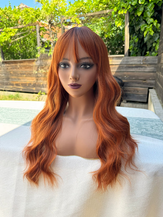 Perruque Synthétique Longue Rousse Orange avec Frange