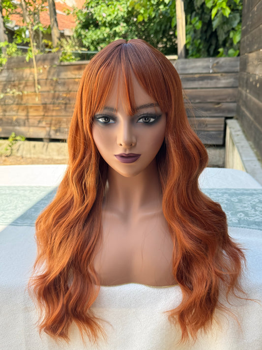 Perruque Synthétique Longue Rousse Orange avec Frange