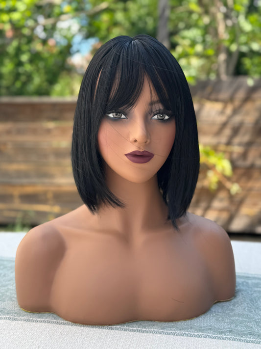 Perruque Synthétique Courte Bob Noire Avec Frange