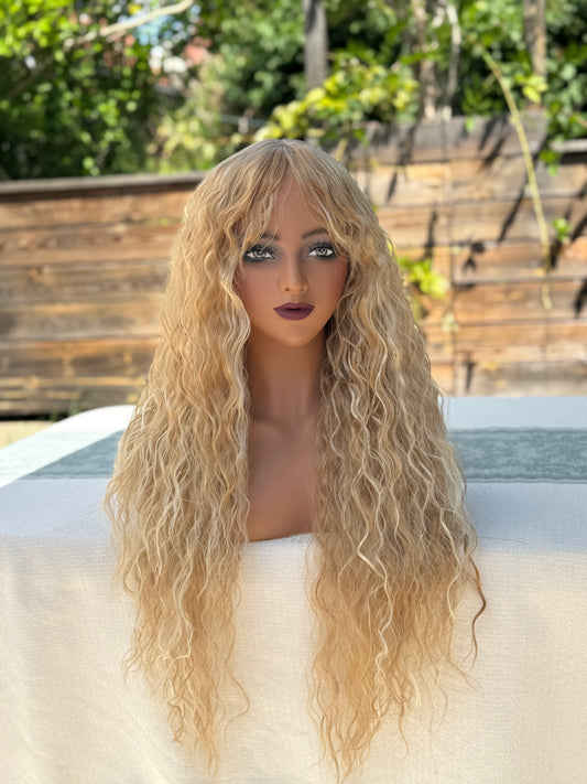 Perruque Synthétique Longue Blonde Bouclée Avec Mèches