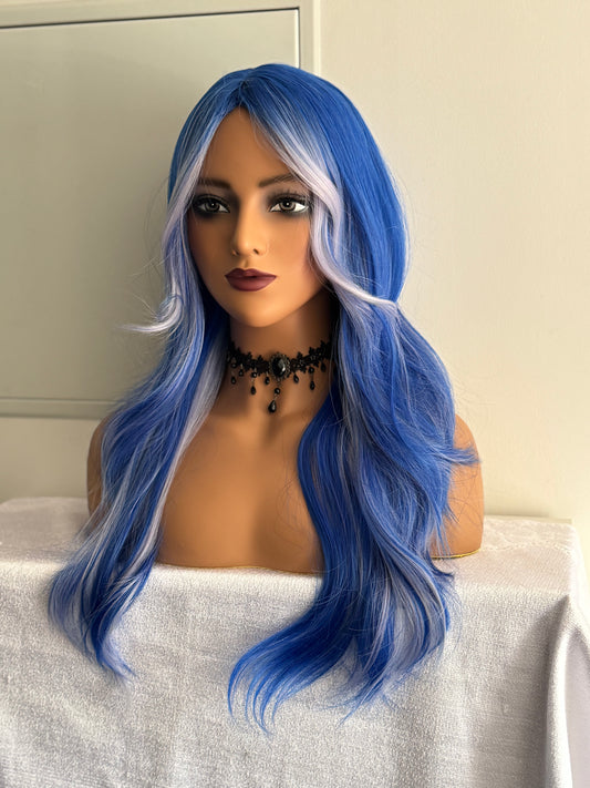 Perruque Synthétique Longue Ondulée Bleue mèches